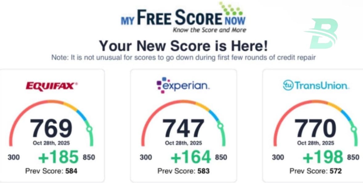 Credit score improvement showing Equifax 769 (+185), Experian 747 (+164), TransUnion 770 (+198)