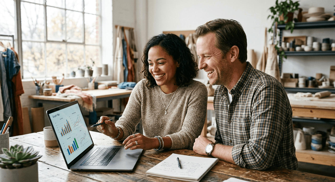 Business owners reviewing a financial plan together