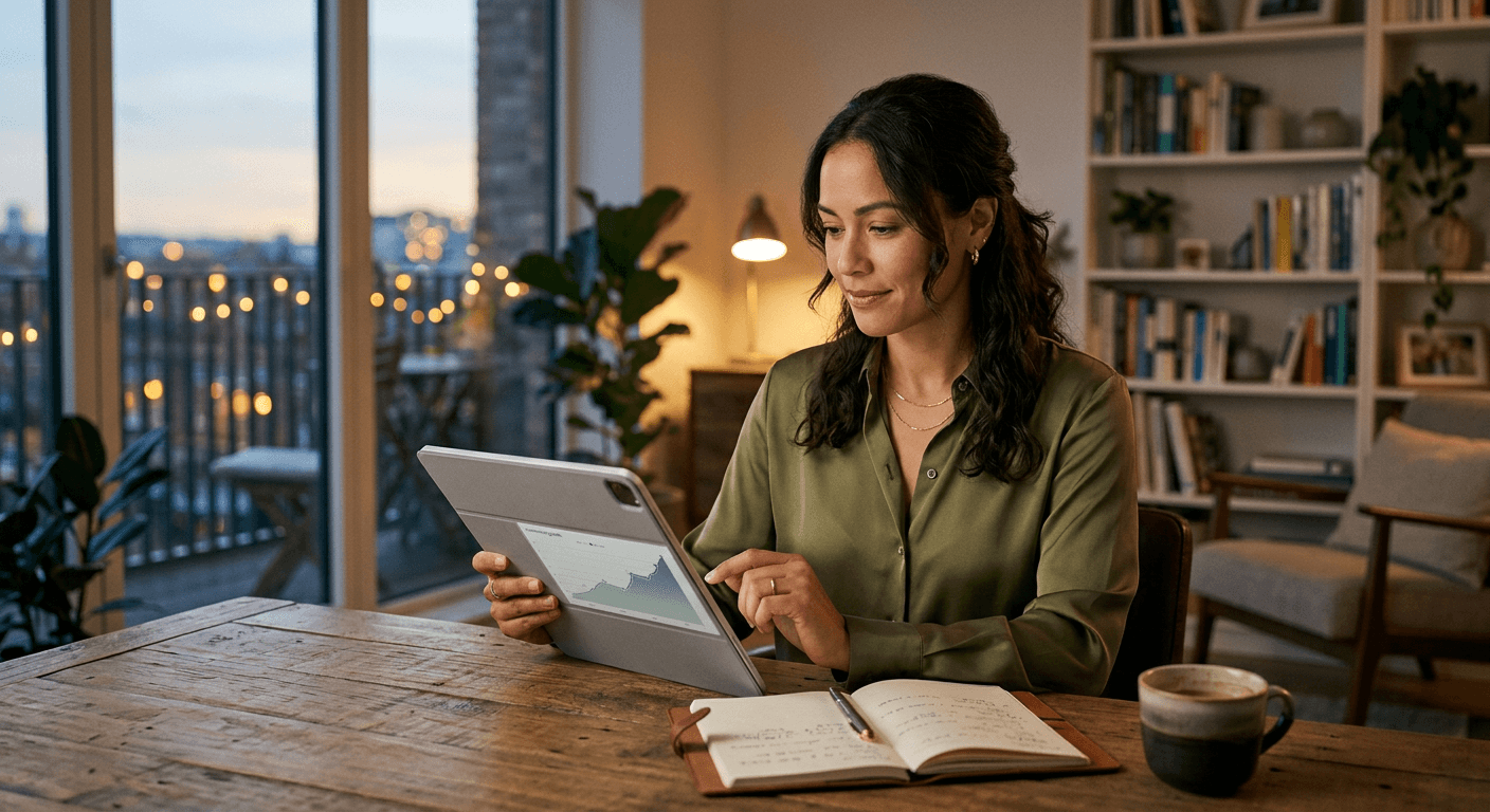 Professional reviewing her financial goals on a tablet