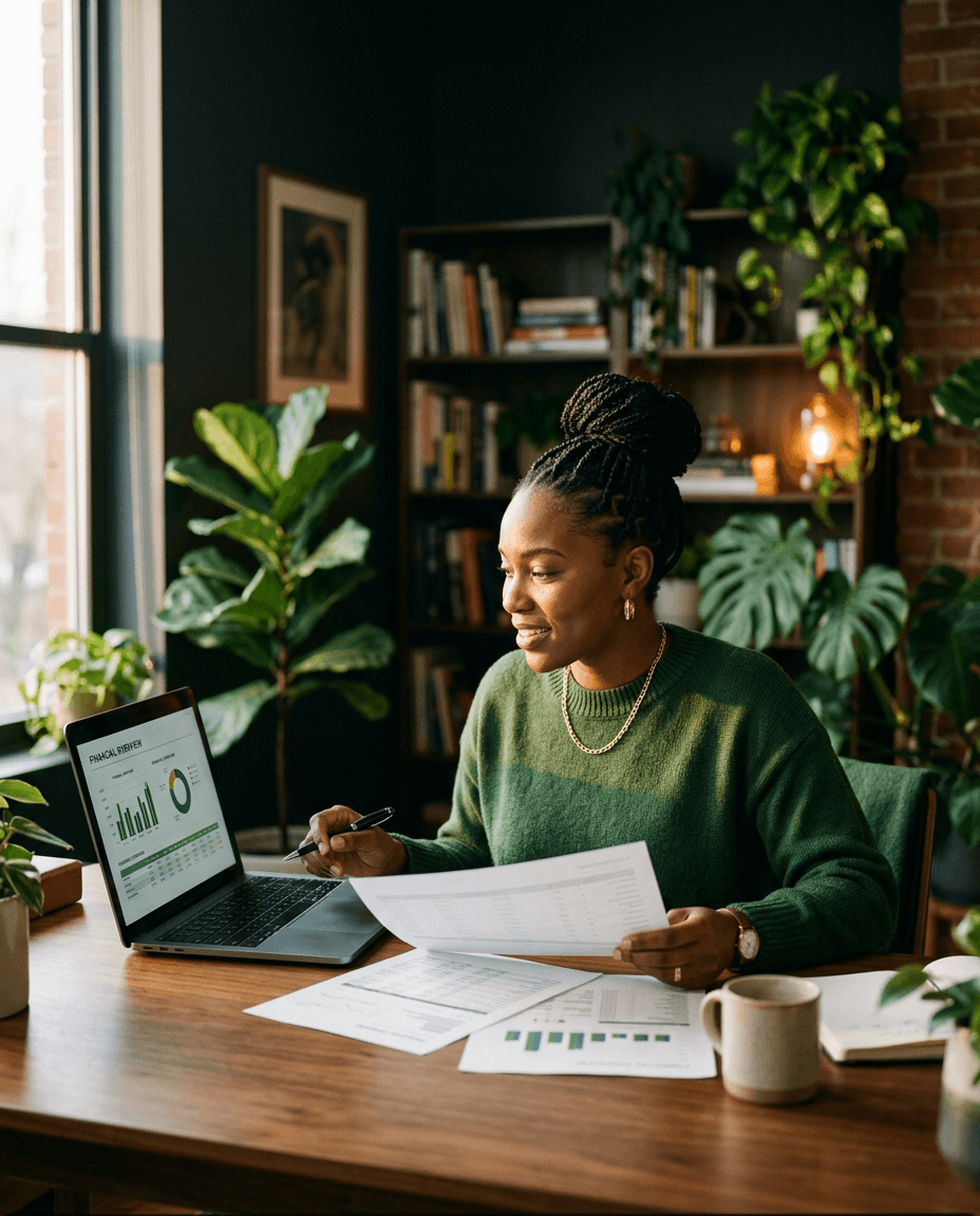 Business owner reviewing financial documents in her office