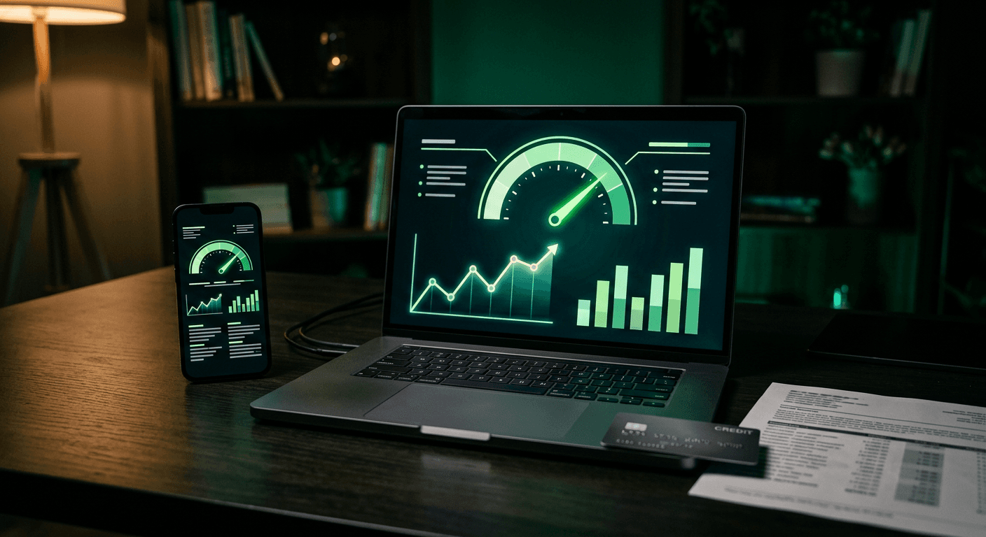 Laptop and phone displaying a credit monitoring dashboard