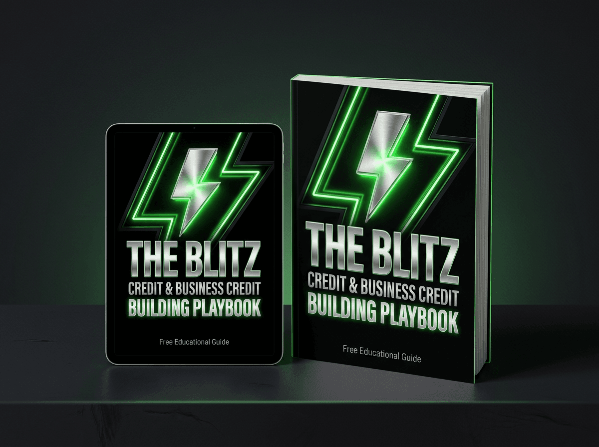 3D cover mockup of The Blitz Credit and Business Credit Building Playbook as a printed book and on a tablet