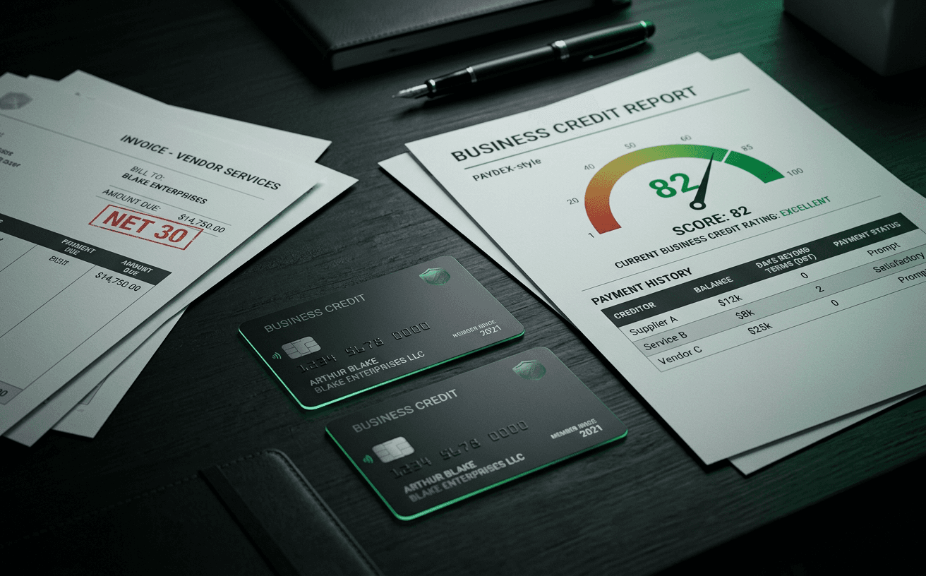 Business credit cards beside a business credit report showing on-time vendor payments