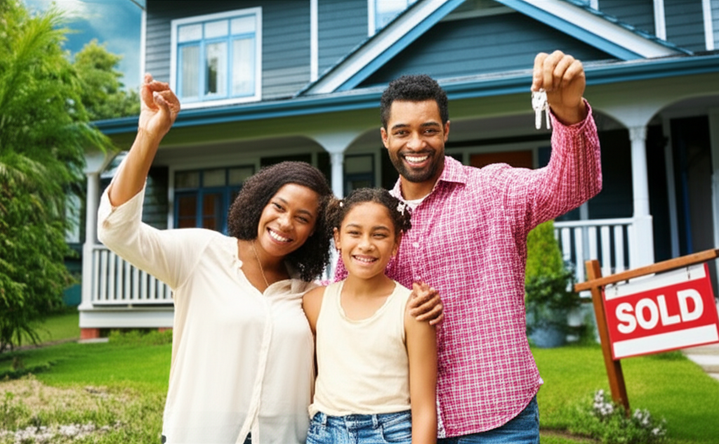 Happy family celebrating their new home purchase after credit enhancement